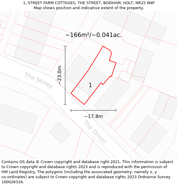 1, STREET FARM COTTAGES, THE STREET, BODHAM, HOLT, NR25 6NP: Plot and title map