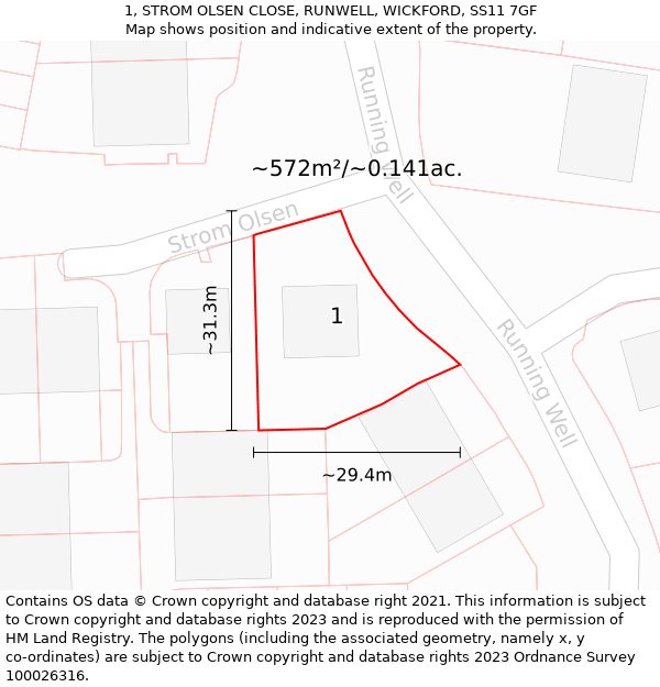 1, STROM OLSEN CLOSE, RUNWELL, WICKFORD, SS11 7GF: Plot and title map