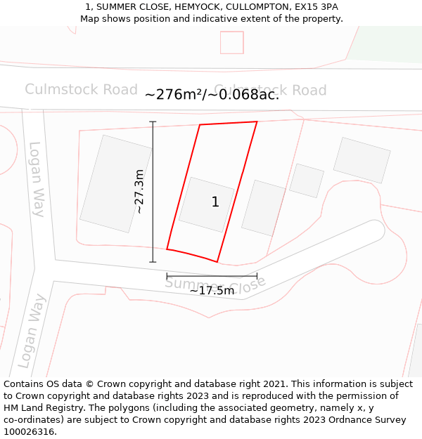 1, SUMMER CLOSE, HEMYOCK, CULLOMPTON, EX15 3PA: Plot and title map