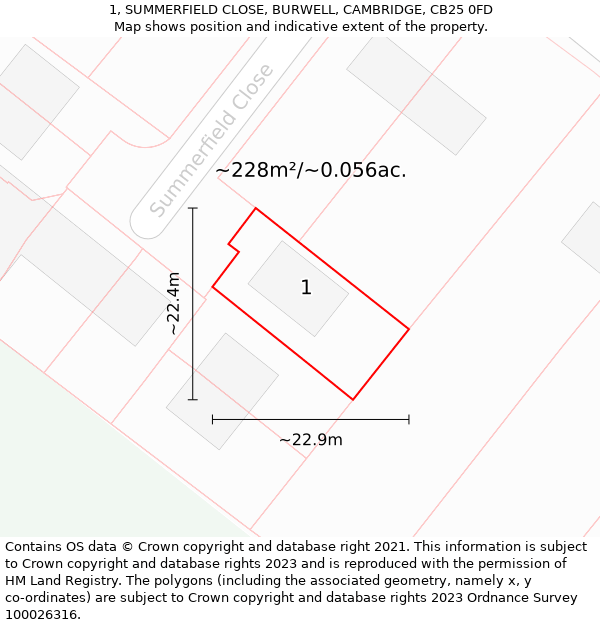 1, SUMMERFIELD CLOSE, BURWELL, CAMBRIDGE, CB25 0FD: Plot and title map