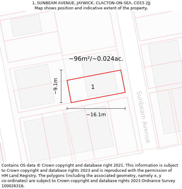 1, SUNBEAM AVENUE, JAYWICK, CLACTON-ON-SEA, CO15 2JJ: Plot and title map