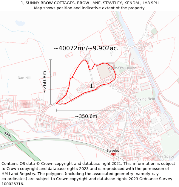 1, SUNNY BROW COTTAGES, BROW LANE, STAVELEY, KENDAL, LA8 9PH: Plot and title map