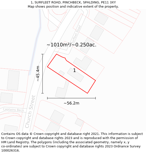 1, SURFLEET ROAD, PINCHBECK, SPALDING, PE11 3XY: Plot and title map