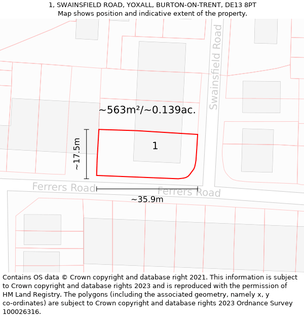 1, SWAINSFIELD ROAD, YOXALL, BURTON-ON-TRENT, DE13 8PT: Plot and title map