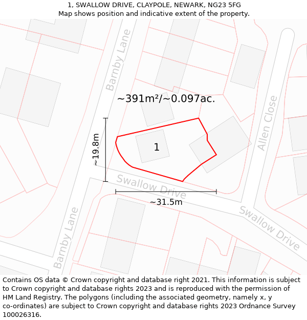 1, SWALLOW DRIVE, CLAYPOLE, NEWARK, NG23 5FG: Plot and title map