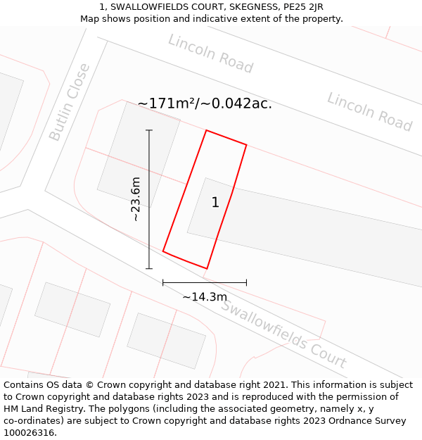 1, SWALLOWFIELDS COURT, SKEGNESS, PE25 2JR: Plot and title map