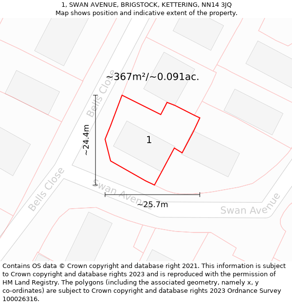 1, SWAN AVENUE, BRIGSTOCK, KETTERING, NN14 3JQ: Plot and title map