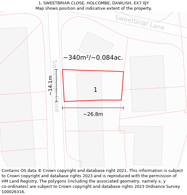 1, SWEETBRIAR CLOSE, HOLCOMBE, DAWLISH, EX7 0JY: Plot and title map