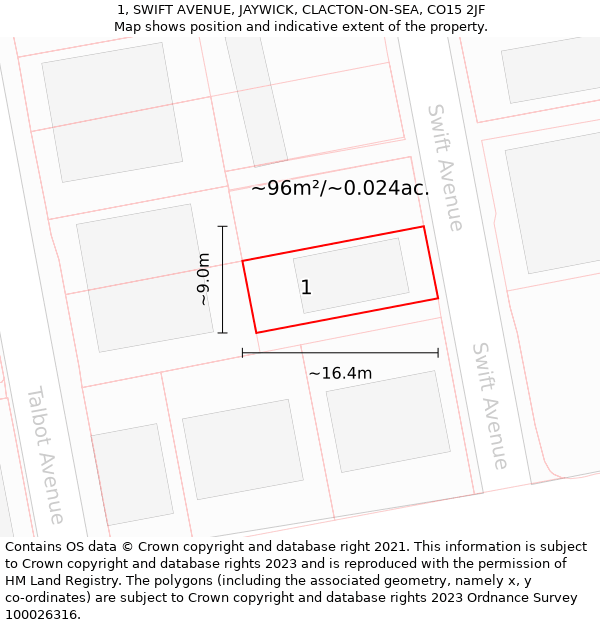 1, SWIFT AVENUE, JAYWICK, CLACTON-ON-SEA, CO15 2JF: Plot and title map