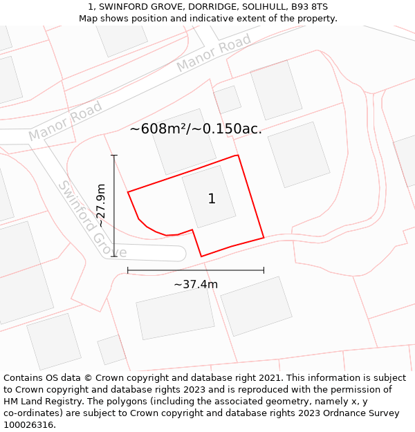 1, SWINFORD GROVE, DORRIDGE, SOLIHULL, B93 8TS: Plot and title map