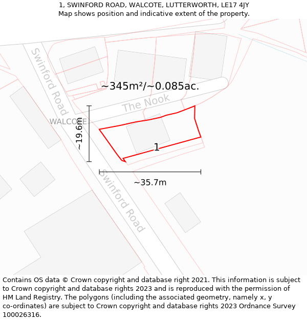 1, SWINFORD ROAD, WALCOTE, LUTTERWORTH, LE17 4JY: Plot and title map