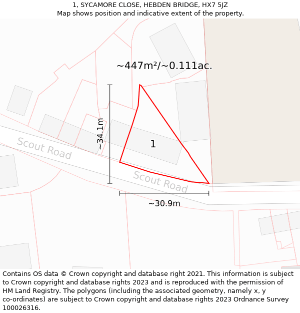 1, SYCAMORE CLOSE, HEBDEN BRIDGE, HX7 5JZ: Plot and title map