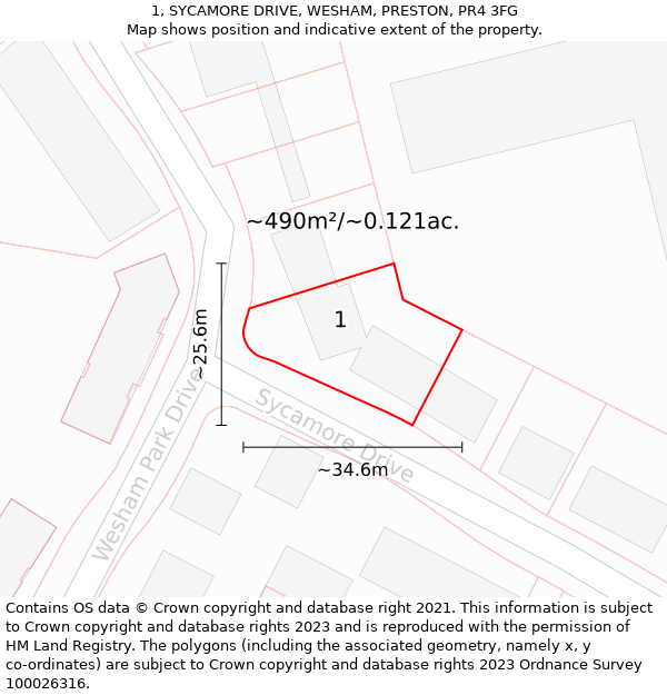 1, SYCAMORE DRIVE, WESHAM, PRESTON, PR4 3FG: Plot and title map