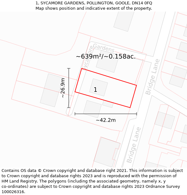 1, SYCAMORE GARDENS, POLLINGTON, GOOLE, DN14 0FQ: Plot and title map