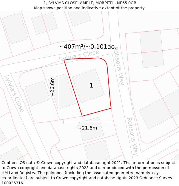 1, SYLVIAS CLOSE, AMBLE, MORPETH, NE65 0GB: Plot and title map