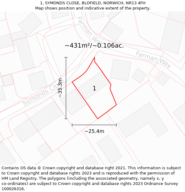 1, SYMONDS CLOSE, BLOFIELD, NORWICH, NR13 4FH: Plot and title map