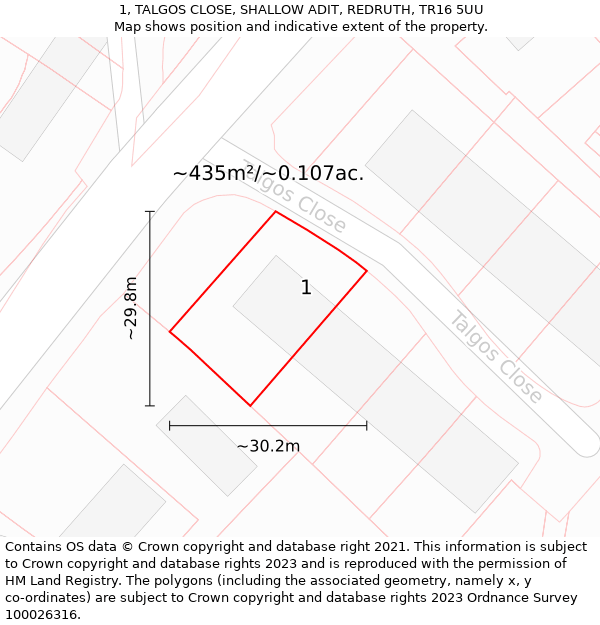 1, TALGOS CLOSE, SHALLOW ADIT, REDRUTH, TR16 5UU: Plot and title map