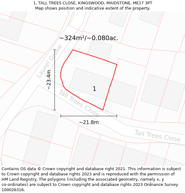 1, TALL TREES CLOSE, KINGSWOOD, MAIDSTONE, ME17 3PT: Plot and title map