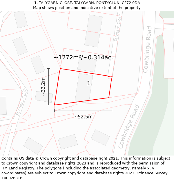 1, TALYGARN CLOSE, TALYGARN, PONTYCLUN, CF72 9DA: Plot and title map