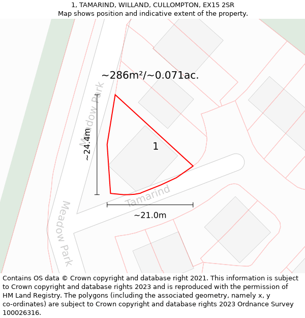 1, TAMARIND, WILLAND, CULLOMPTON, EX15 2SR: Plot and title map