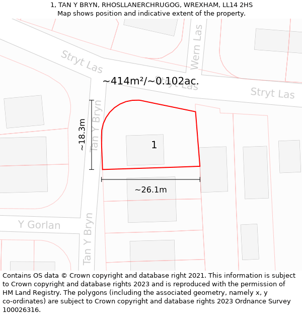 1, TAN Y BRYN, RHOSLLANERCHRUGOG, WREXHAM, LL14 2HS: Plot and title map