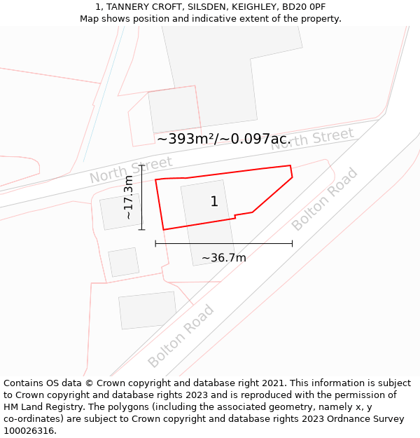 1, TANNERY CROFT, SILSDEN, KEIGHLEY, BD20 0PF: Plot and title map