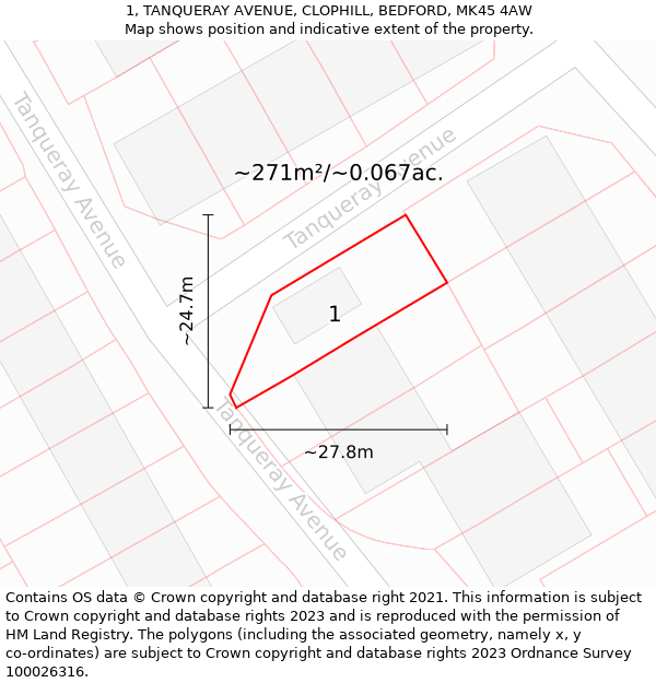 1, TANQUERAY AVENUE, CLOPHILL, BEDFORD, MK45 4AW: Plot and title map