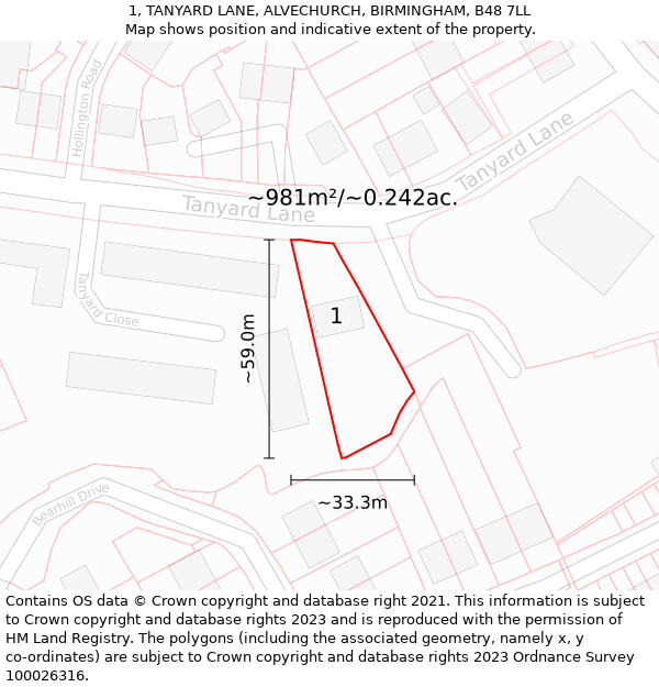 1, TANYARD LANE, ALVECHURCH, BIRMINGHAM, B48 7LL: Plot and title map