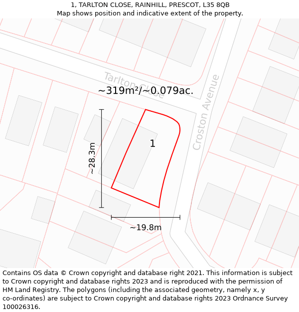 1, TARLTON CLOSE, RAINHILL, PRESCOT, L35 8QB: Plot and title map