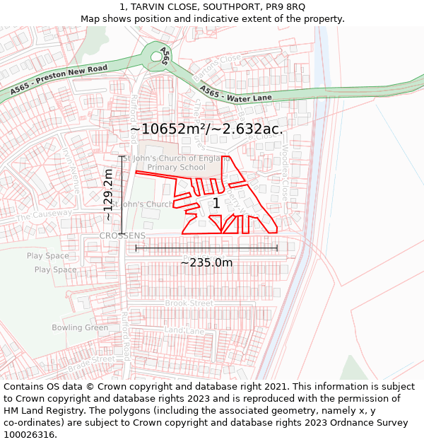 1, TARVIN CLOSE, SOUTHPORT, PR9 8RQ: Plot and title map