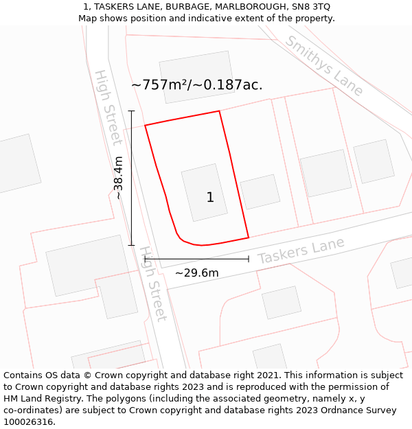 1, TASKERS LANE, BURBAGE, MARLBOROUGH, SN8 3TQ: Plot and title map