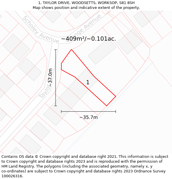 1, TAYLOR DRIVE, WOODSETTS, WORKSOP, S81 8SH: Plot and title map