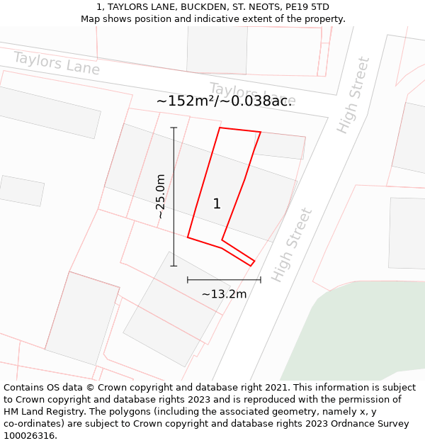 1, TAYLORS LANE, BUCKDEN, ST. NEOTS, PE19 5TD: Plot and title map