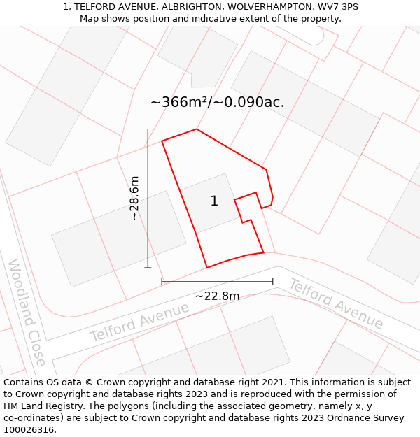 1, TELFORD AVENUE, ALBRIGHTON, WOLVERHAMPTON, WV7 3PS: Plot and title map