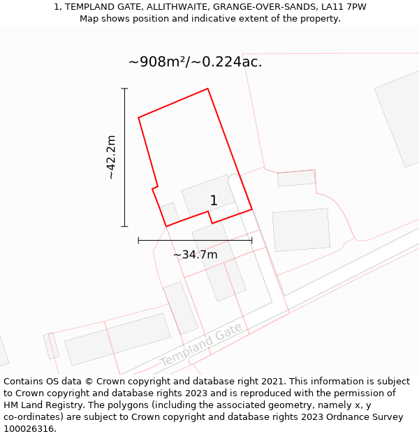 1, TEMPLAND GATE, ALLITHWAITE, GRANGE-OVER-SANDS, LA11 7PW: Plot and title map