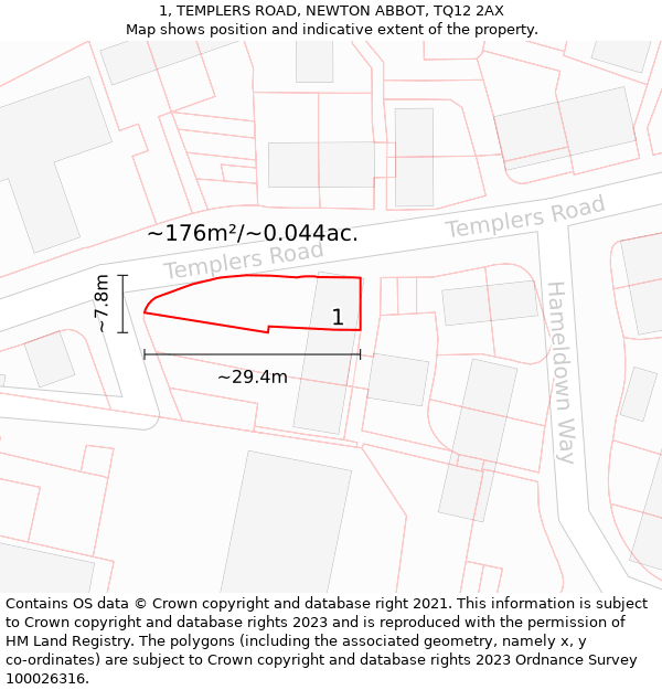 1, TEMPLERS ROAD, NEWTON ABBOT, TQ12 2AX: Plot and title map