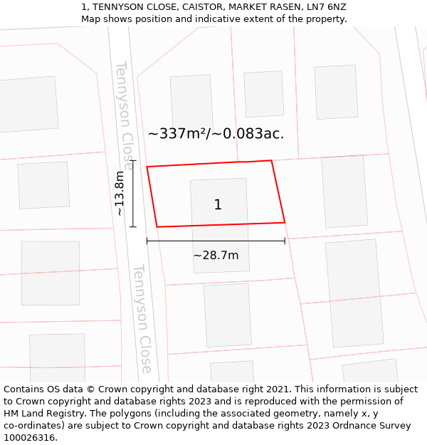 1, TENNYSON CLOSE, CAISTOR, MARKET RASEN, LN7 6NZ: Plot and title map