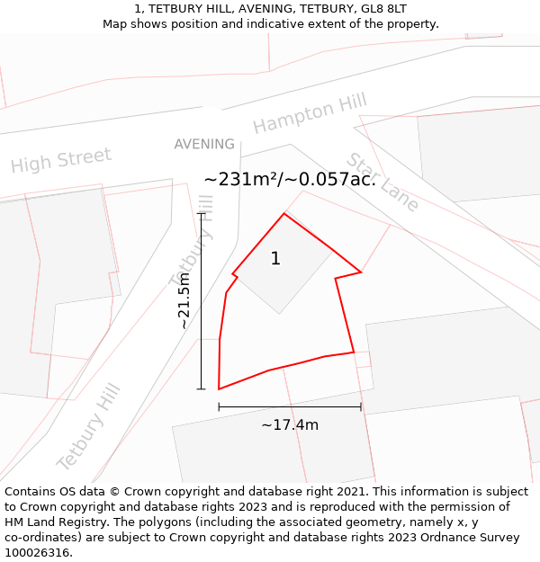 1, TETBURY HILL, AVENING, TETBURY, GL8 8LT: Plot and title map