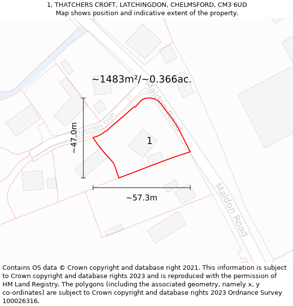 1, THATCHERS CROFT, LATCHINGDON, CHELMSFORD, CM3 6UD: Plot and title map