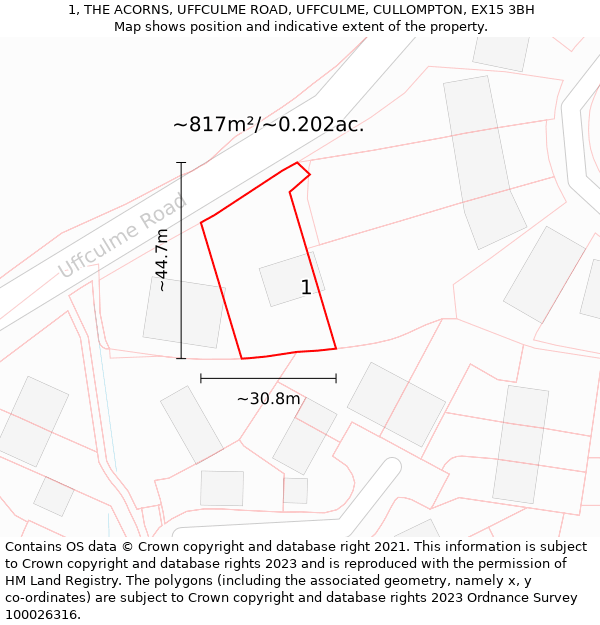 1, THE ACORNS, UFFCULME ROAD, UFFCULME, CULLOMPTON, EX15 3BH: Plot and title map