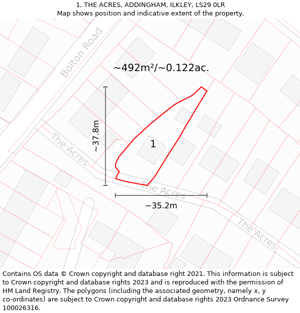 1, THE ACRES, ADDINGHAM, ILKLEY, LS29 0LR: Plot and title map