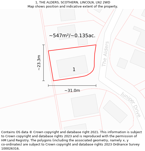 1, THE ALDERS, SCOTHERN, LINCOLN, LN2 2WD: Plot and title map
