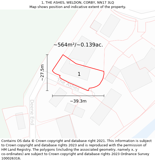 1, THE ASHES, WELDON, CORBY, NN17 3LQ: Plot and title map