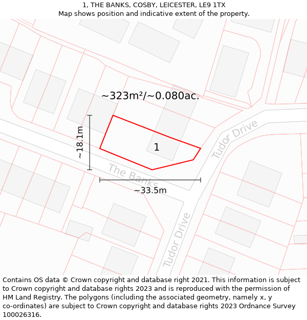 1, THE BANKS, COSBY, LEICESTER, LE9 1TX: Plot and title map
