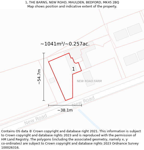 1, THE BARNS, NEW ROAD, MAULDEN, BEDFORD, MK45 2BQ: Plot and title map