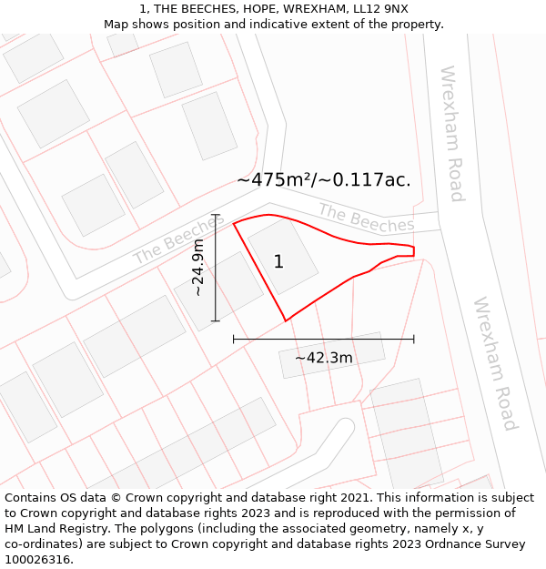 1, THE BEECHES, HOPE, WREXHAM, LL12 9NX: Plot and title map