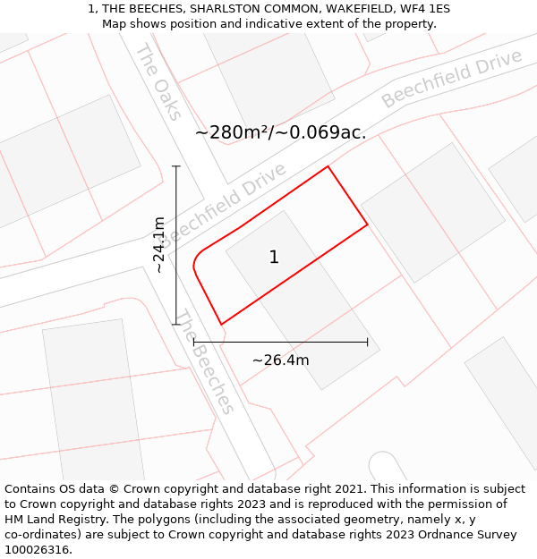 1, THE BEECHES, SHARLSTON COMMON, WAKEFIELD, WF4 1ES: Plot and title map