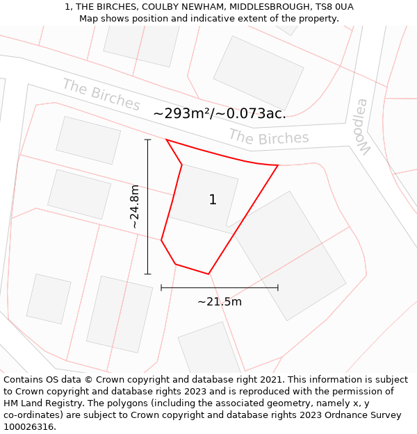 1, THE BIRCHES, COULBY NEWHAM, MIDDLESBROUGH, TS8 0UA: Plot and title map