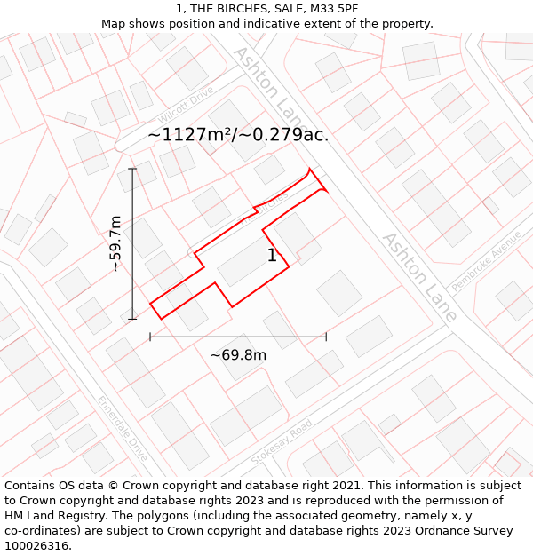 1, THE BIRCHES, SALE, M33 5PF: Plot and title map