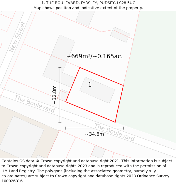 1, THE BOULEVARD, FARSLEY, PUDSEY, LS28 5UG: Plot and title map